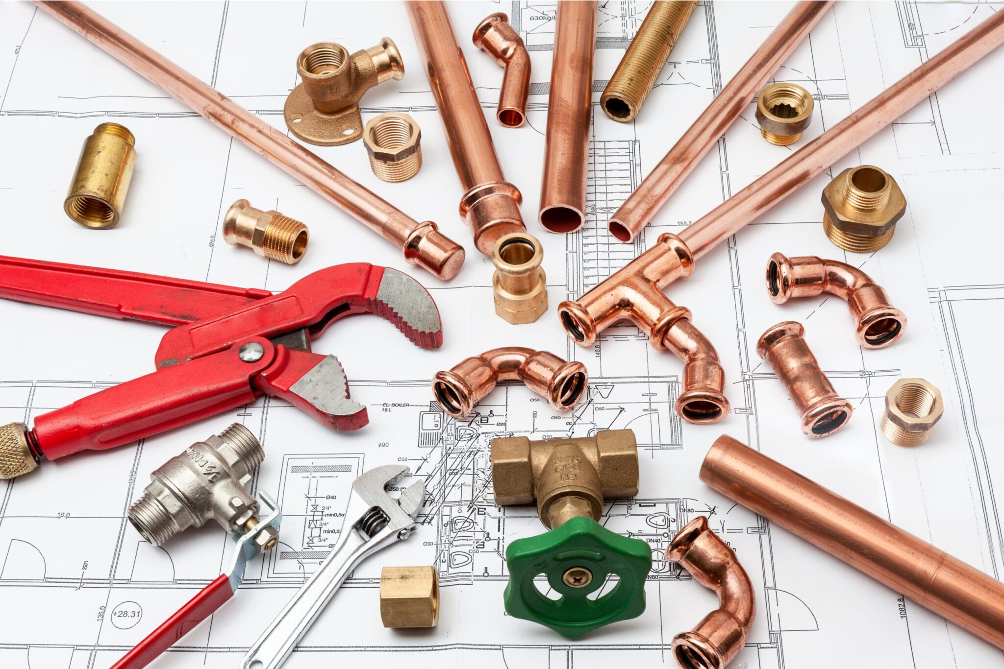 Copper pipes, fittings, valves, and plumbing tools in Douglasville