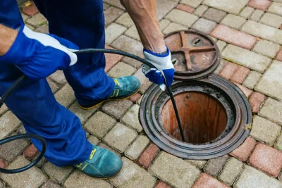 Plumber cleaning an outdoor sewer drain in Douglasville