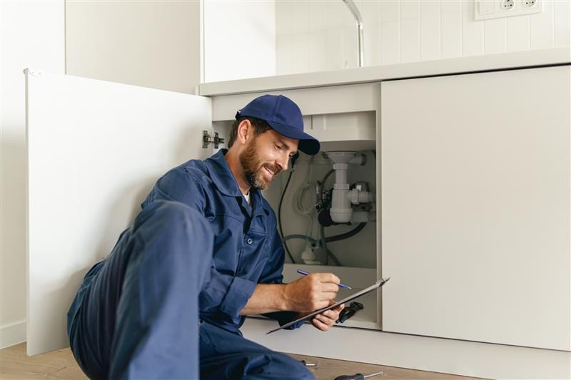 Residential plumber reviewing plumbing repairs in a Douglasville kitchen