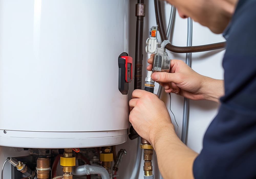 Technician repairing pipes connected to a water heater in Douglasville
